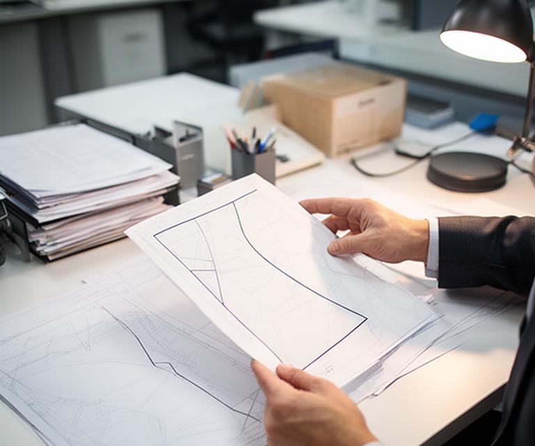 Solicitor reviewing boundary maps and a survey plan at a desk in a Dublin office