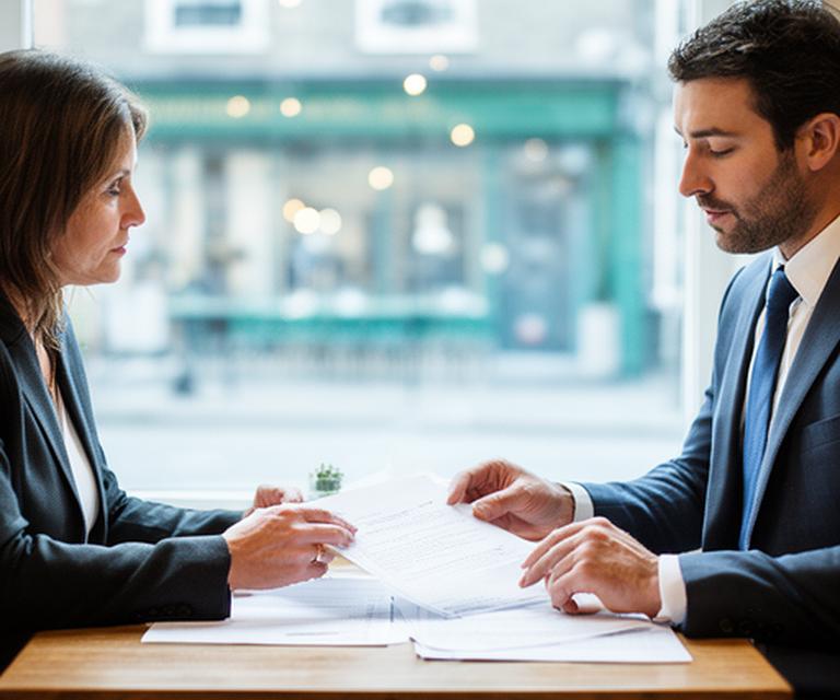 Bright Dublin café storefront with a solicitor reviewing lease papers at a wooden table