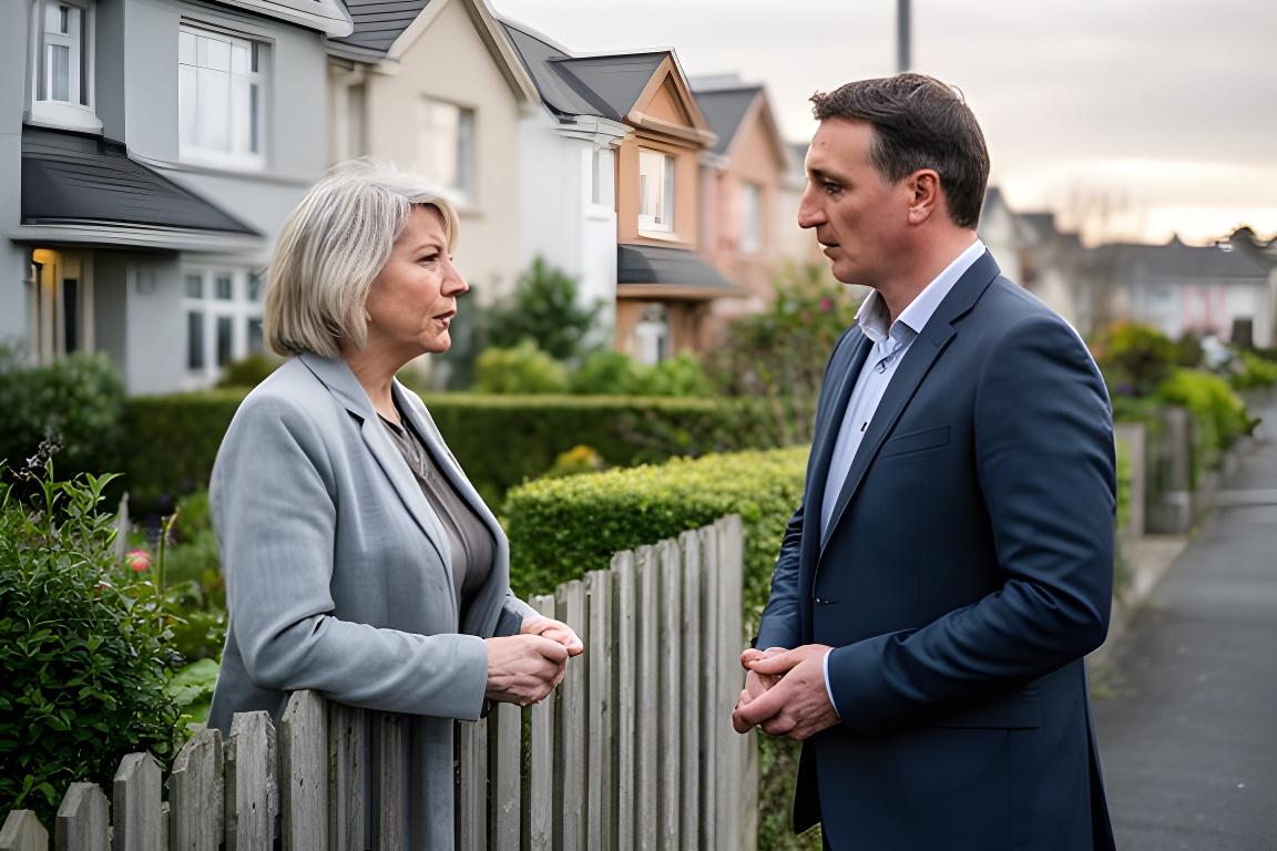 Two Dublin neighbours speaking calmly beside a garden fence on a quiet residential street
