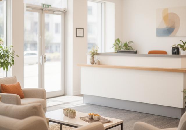 Bright solicitor office reception on Jamestown Road with warm seating and natural light