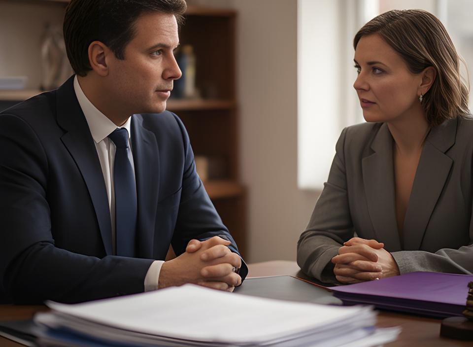 Solicitor speaking quietly with a client in a Dublin office beside a legal case file