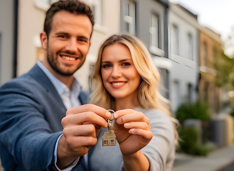 Happy couple holding house keys outside a Dublin terraced home on a bright afternoon