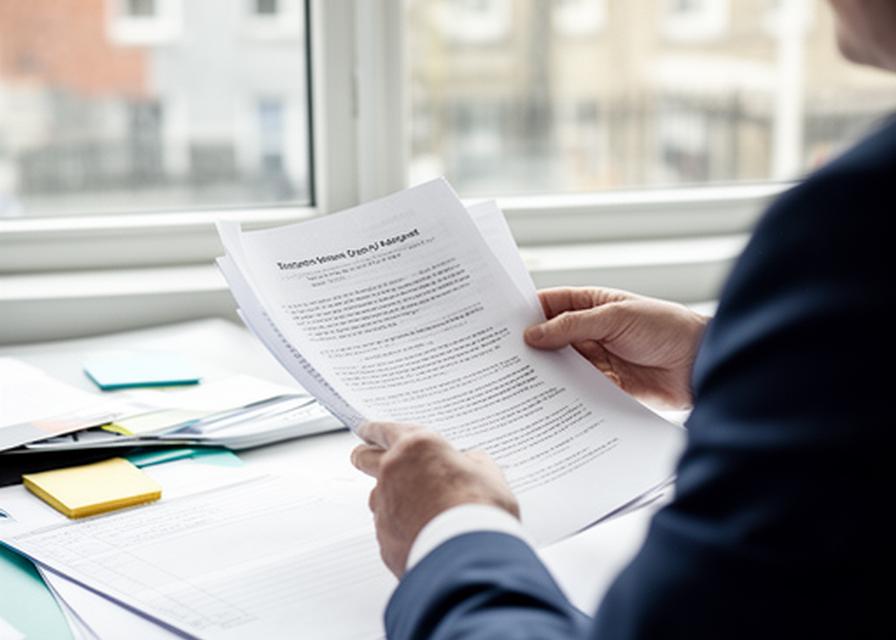 Solicitor reviewing a tenancy agreement and RTB notes at a desk near a Dublin office window