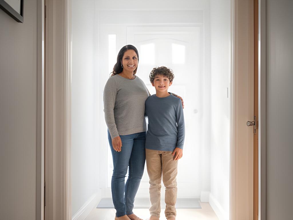 A parent and child at a bright front door in Dublin with morning light falling across the hall