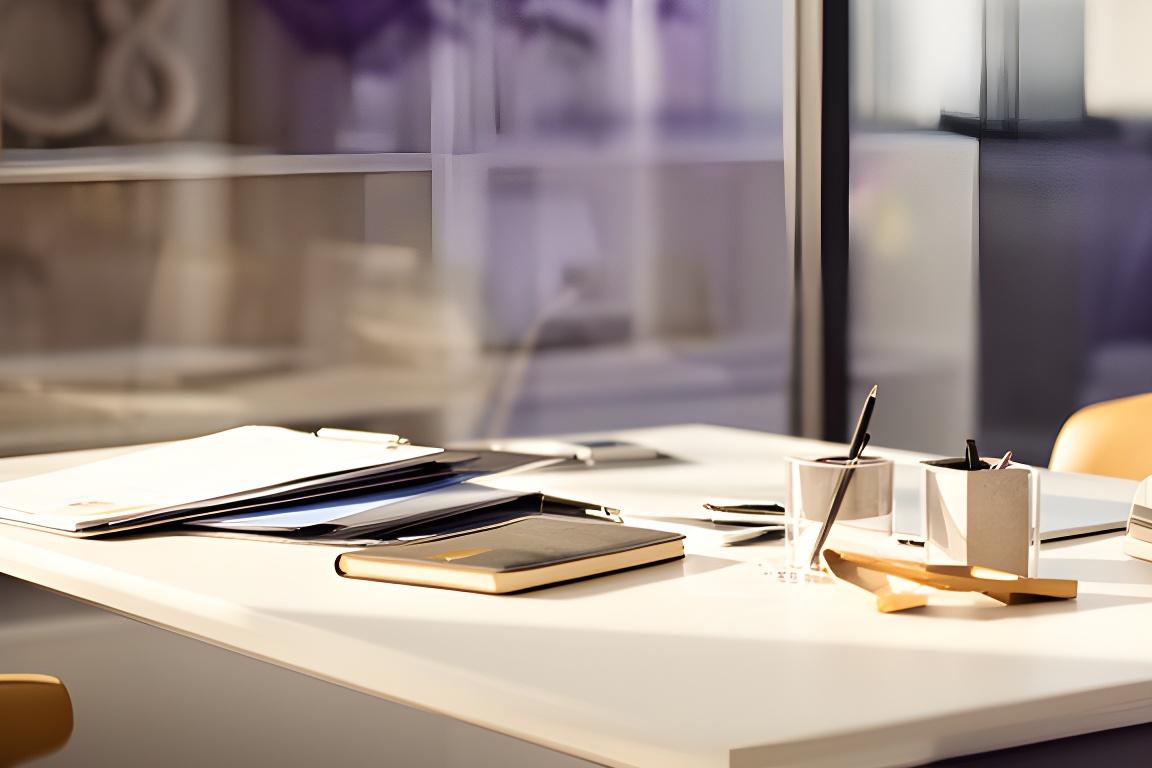 Solicitor's desk in a bright Dublin office with case files, a notebook, and warm natural light