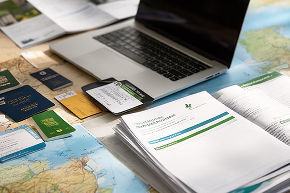 Map, passport stamps, and property papers arranged beside a laptop for an overseas inheritance file