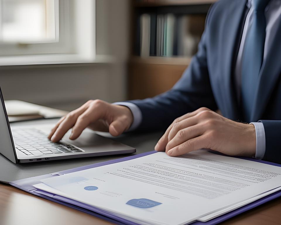 Solicitor reviewing a confidential file in a calm Dublin office beside a laptop and case notes