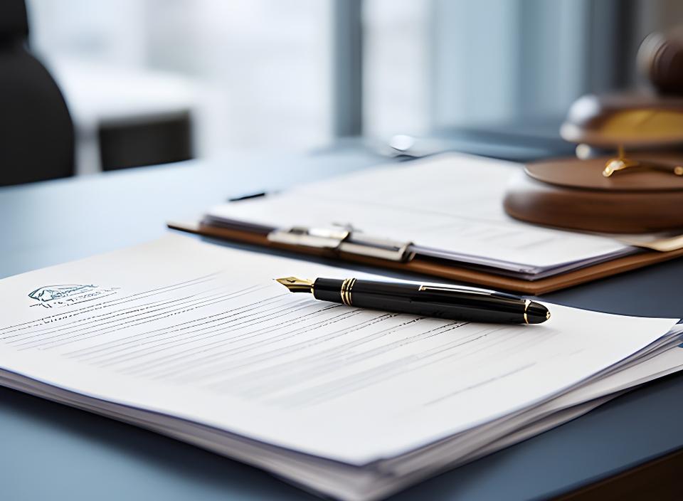 Solicitor desk with handwritten notes, a fountain pen, and estate papers in a calm Dublin office
