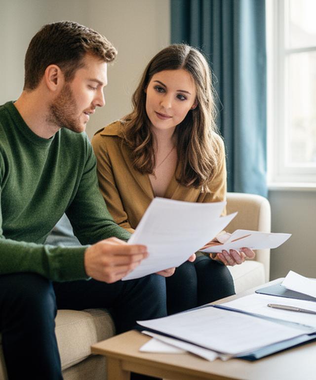 Unmarried couple reviewing mortgage papers beside a living room window in a Dublin home