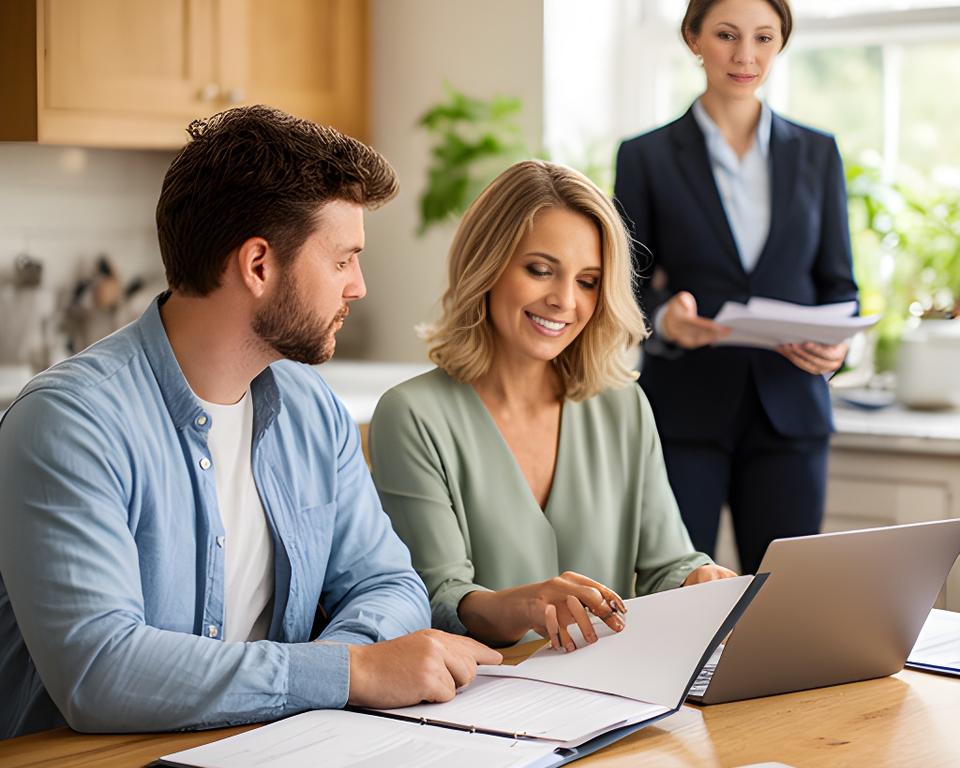 Couple sitting together at a bright Dublin kitchen table while reviewing legal papers with a solicitor