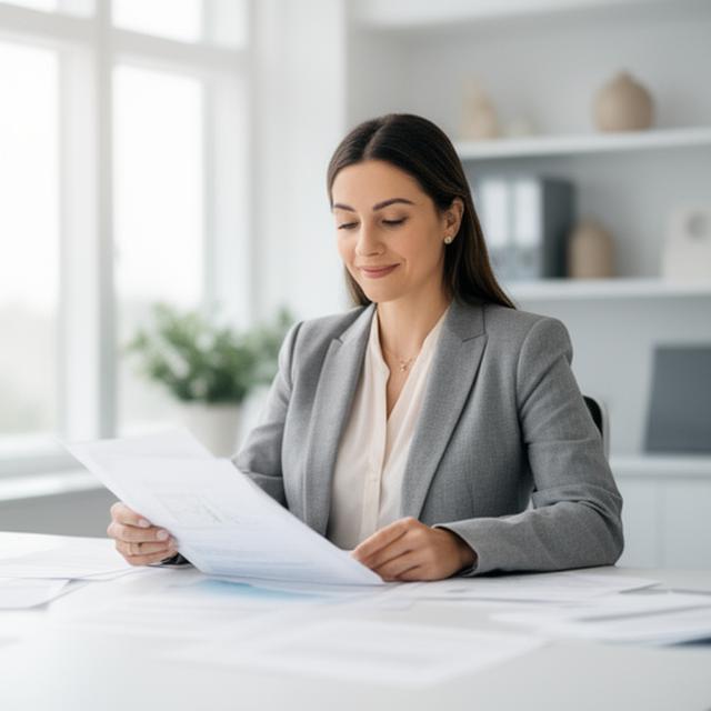 Female solicitor reviewing property papers in a bright Dublin office