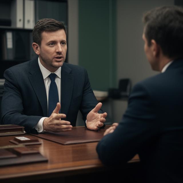 Male solicitor in a dark suit speaking with a client beside a wooden desk in Dublin