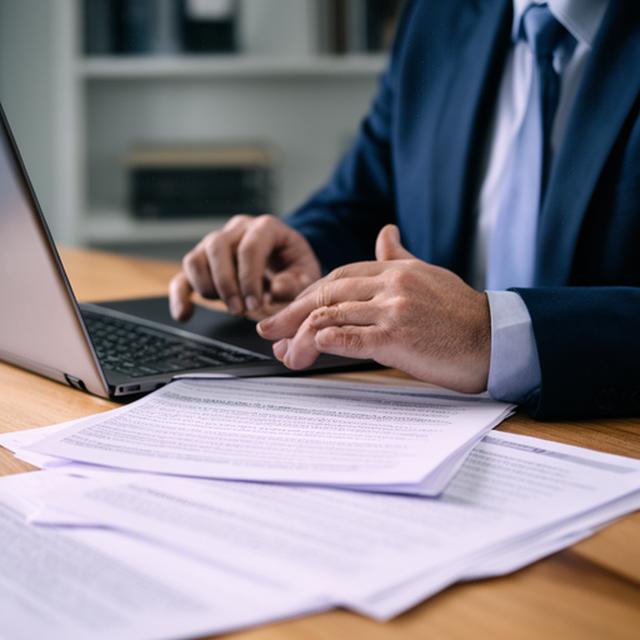 A solicitor reviewing website terms at a desk in a Dublin office with printed notes and a laptop